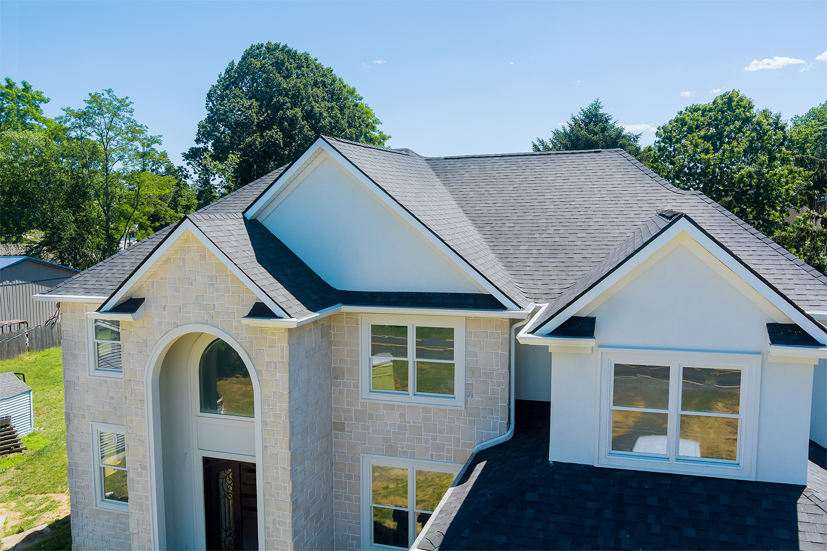 Part in roof of the construction of a home object with aerial panoramic view